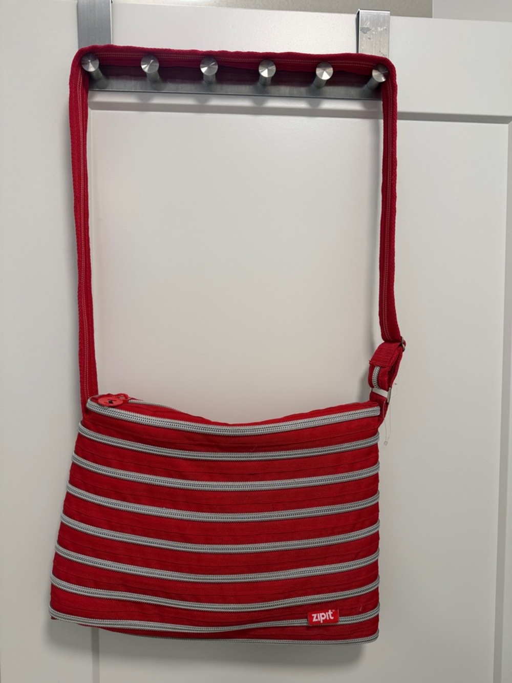 Zipit Red Striped Crossbody Bag with Multiple Zippered Compartments